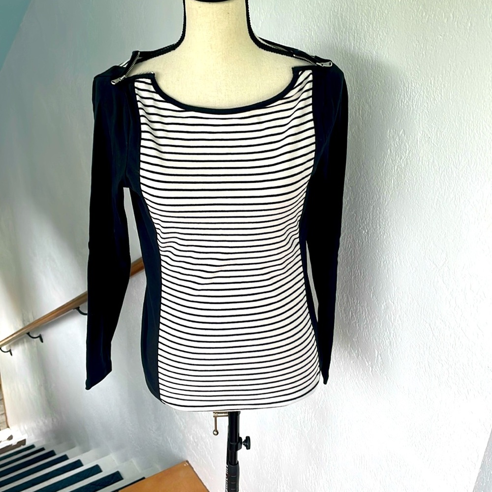 Ralph Lauren Womens Black‎ and White Boat Neck LSleeve Tee Zip detail Cotton M